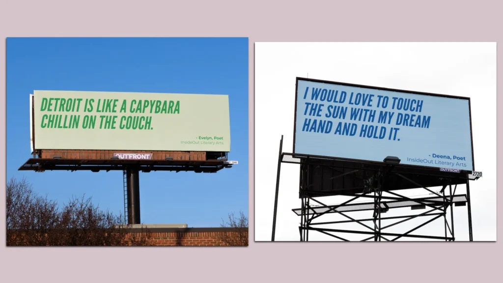 Billboard in Detroit displaying student poetry instead of advertising in 2025 campaign