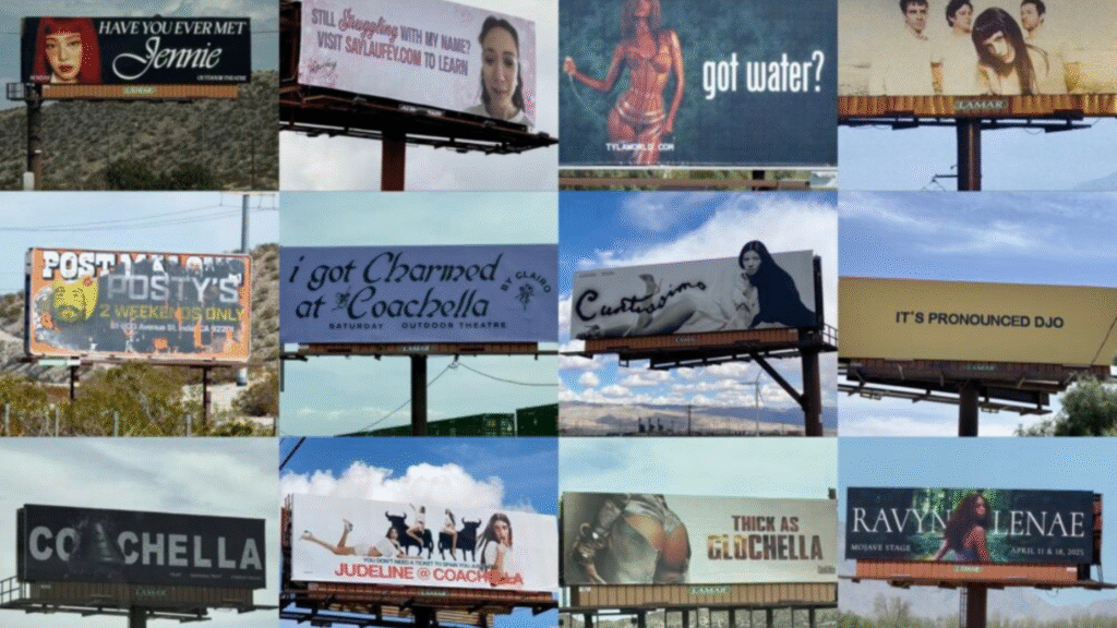 Billboard with a single giant "G" teaser on the road to Coachella 2025 hinting at Lady Gaga performance