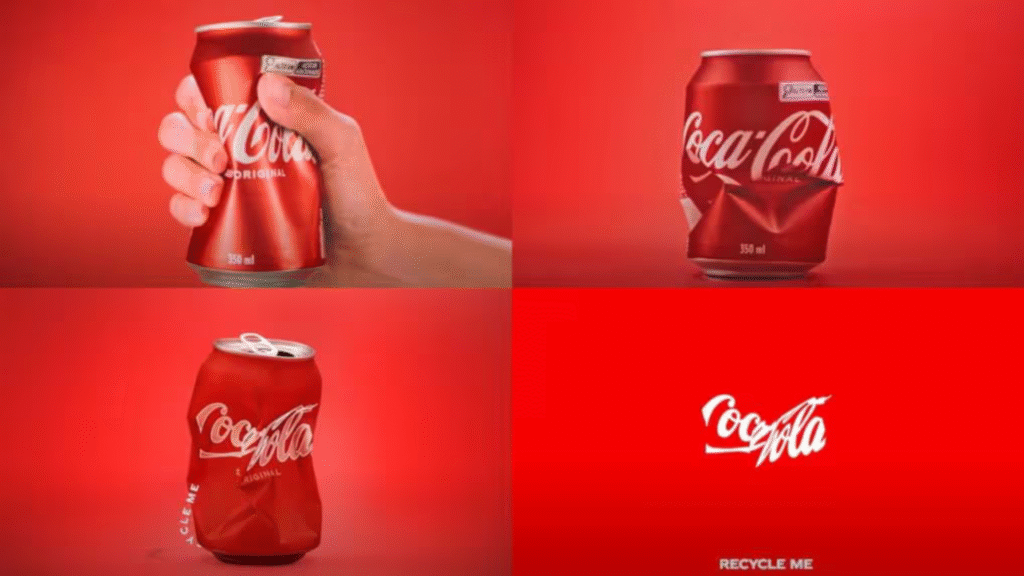 Coca‑Cola crushed logo billboard reading “Recycle Me” in eco‑friendly 2025 campaign