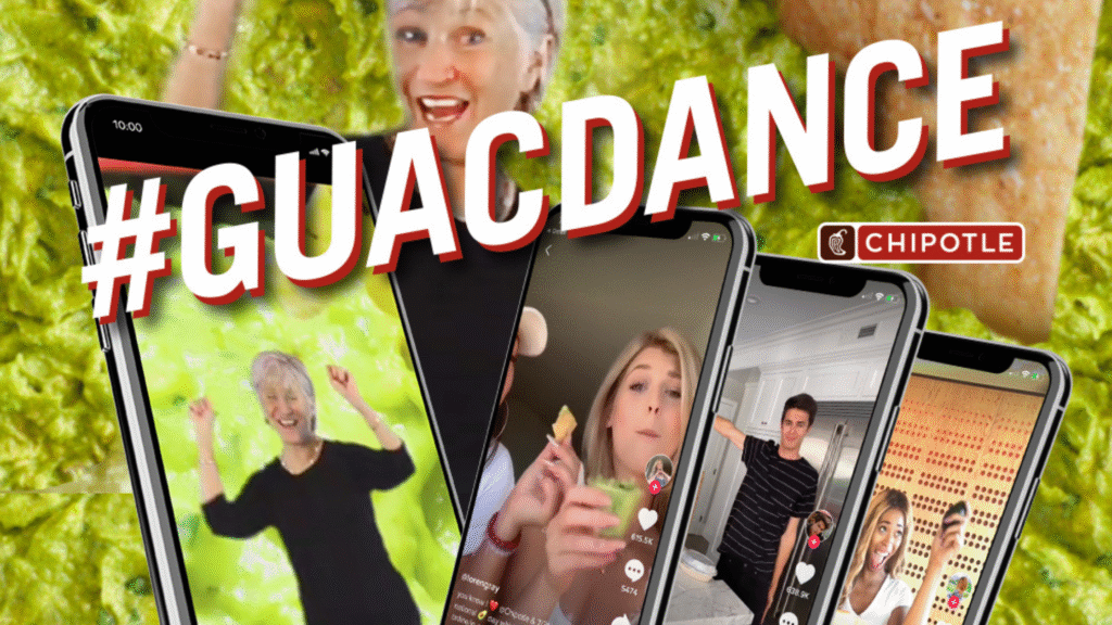 TikTok phone screen showing Chipotle’s #GuacDance branded hashtag challenge video celebrating National Avocado Day