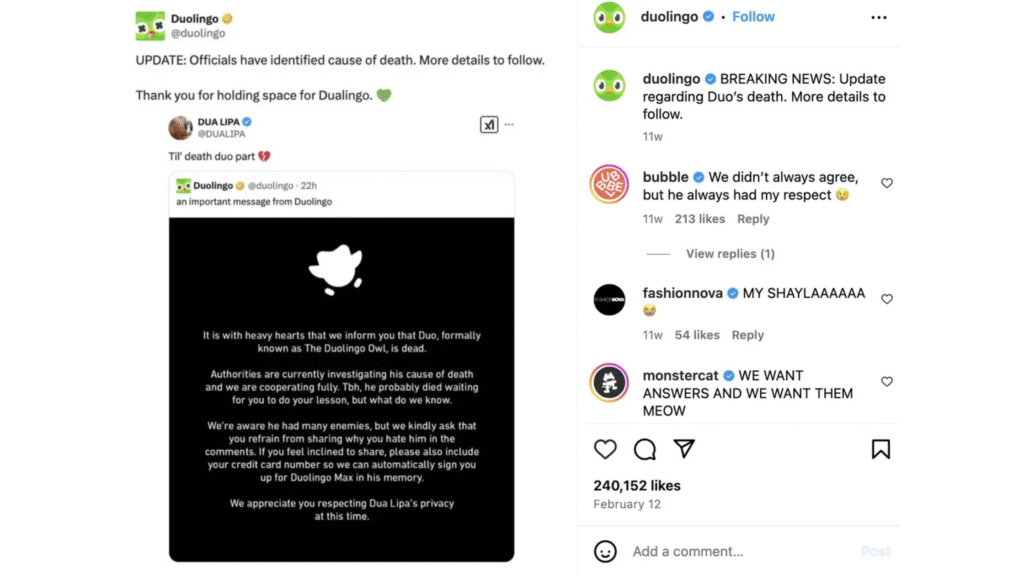 Duolingo’s app featuring Duo the owl silhouette and blacked-out icon signaling a dramatic campaign moment