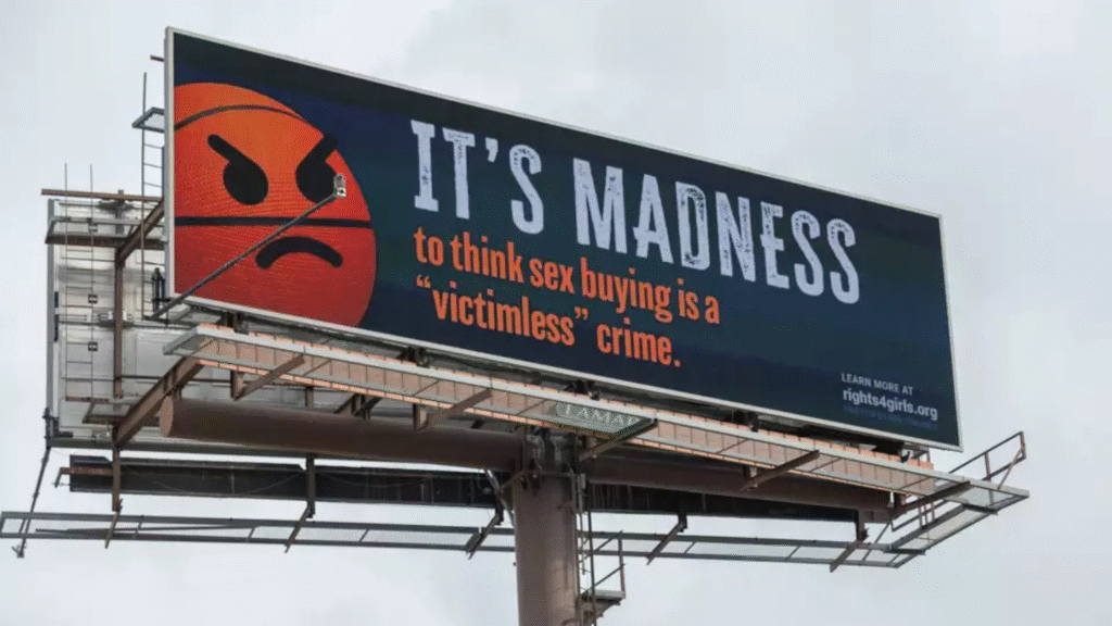 Rights4Girls digital billboard in San Antonio raising awareness about sex trafficking during the NCAA Final Four 2025