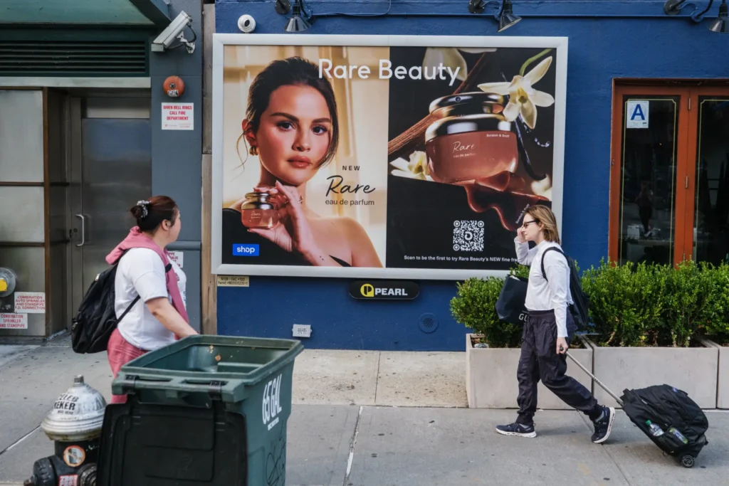 Rare Beauty scratch-and-sniff billboard in New York City promoting Selena Gomez’s beauty brand with vanilla scent