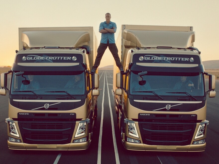 Jean-Claude Van Damme performing the epic split between two moving Volvo trucks in a viral commercial